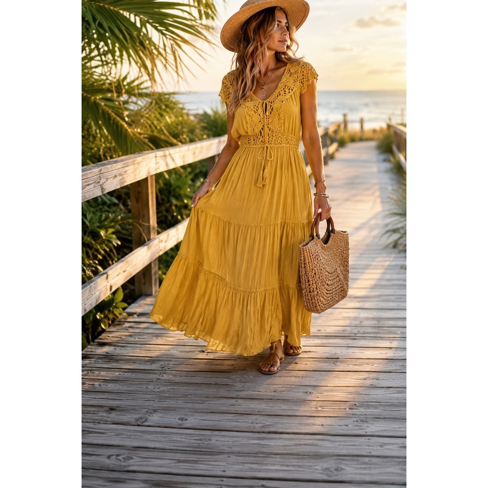 Luxology Golden Yellow Tiered Maxi Dress Medium Boho Cottagecore Festival